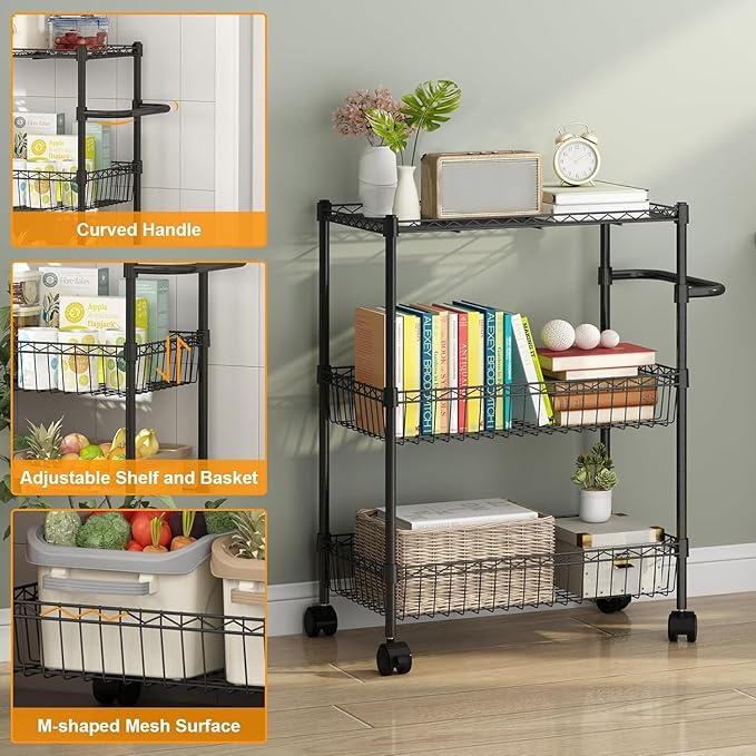 3 Tier Rolling Storage Cart with Adjustable Wire Shelving, 360-Degree Rotating Wheels with Brakes, Sturdy Carbon Steel Build, Versatile for Kitchen, Bathroom, and Office