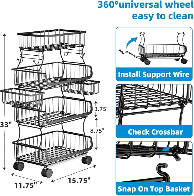 Simple Trending 4 Tier Rolling Cart, Stackable Fruit Vegetable Basket with Wheels and 2 Hanging Basket, Kitchen Storage Metal Wire Basket Stand for Vegetable Snacks, Black