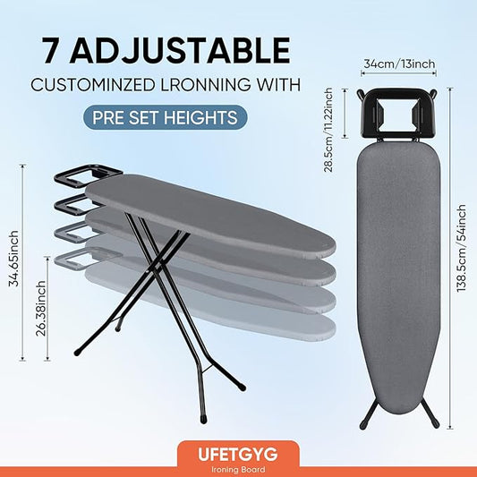Classic Ironing Board 43" X 13" W/with Iron Rest | Full Metal Construction| Height Adjustable | Heat & Scorch Resistant Fabric | Anti-Skid Feet | Easy to Fold (Dark Grey)-NeatNest