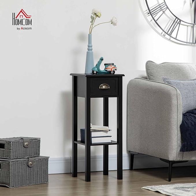 HOMCOM 2-Tier Side Table with Drawer, Narrow End Table with Bottom Shelf, for Living Room, Set of 1, Black