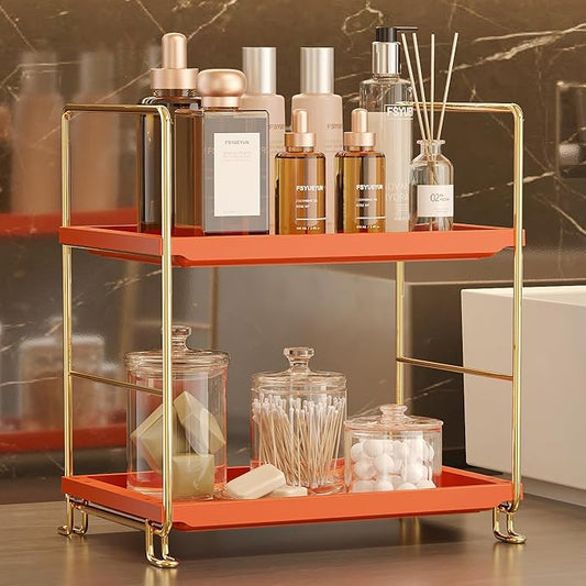 FSyueyun 2-Tier Bathroom Countertop Organizer,Bathroom Organizers and Storage with Tool-Less Installation, Premium Plastics for Makeup, Perfume, Skincare on Dresser Vanity Tray(Gold & Orange)-NeatNest