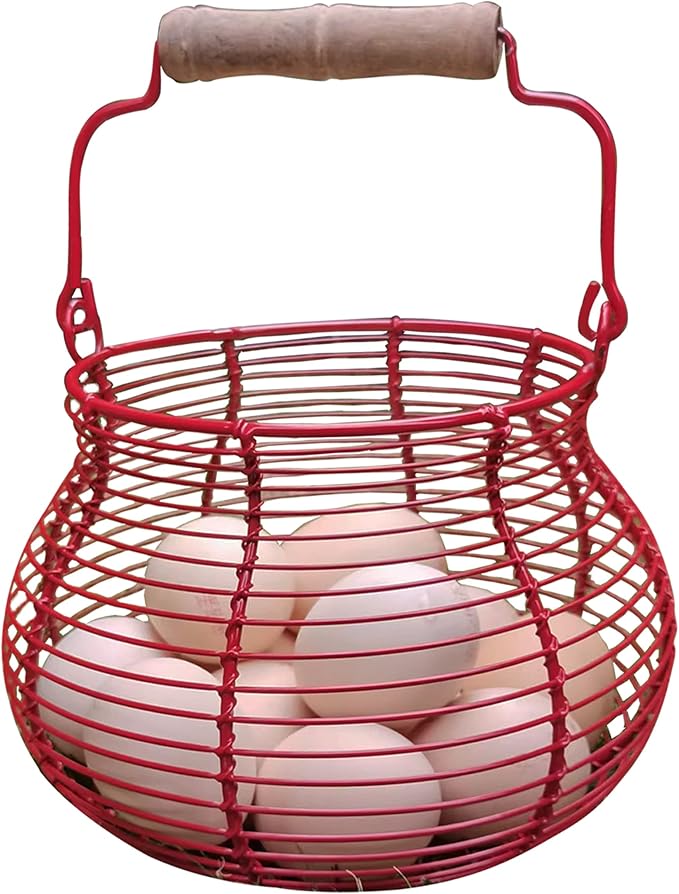 LINCOUNTRY. Farmhouse Wire Egg Basket for Gathering Fresh Eggs with Handle,Red Rustic Round Egg Collecting Baskets for Fresh Egg Container Refrigerator Countertop Holder Kitchen Storage Bin