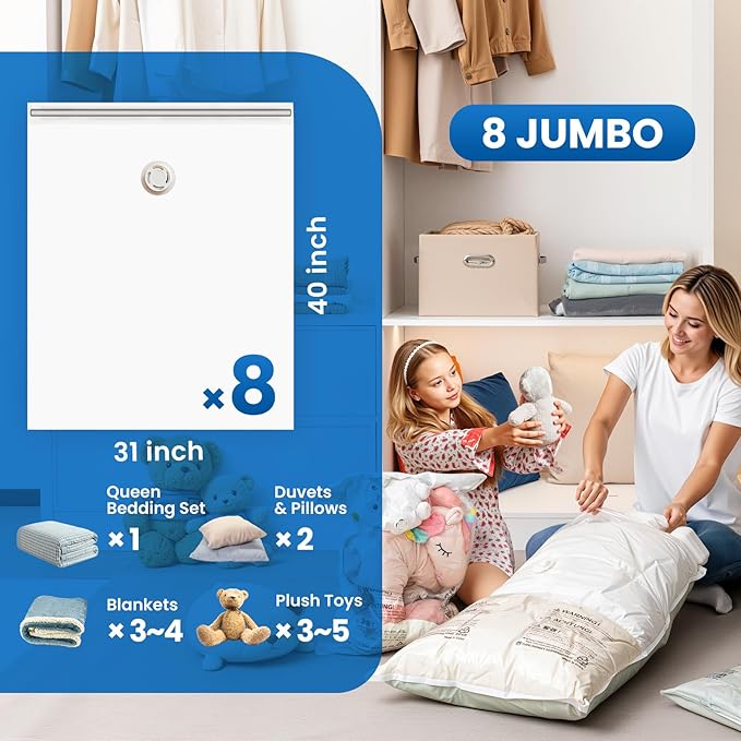 TAILI 8 Pack Vacuum Storage Bags for Comforter and Blankets, Jumbo Vacuum Seal Bags for Bedding 40x31 Inch, Space Saver Bags for Clothes, Pillows, Saving More Closet Space-NeatNest