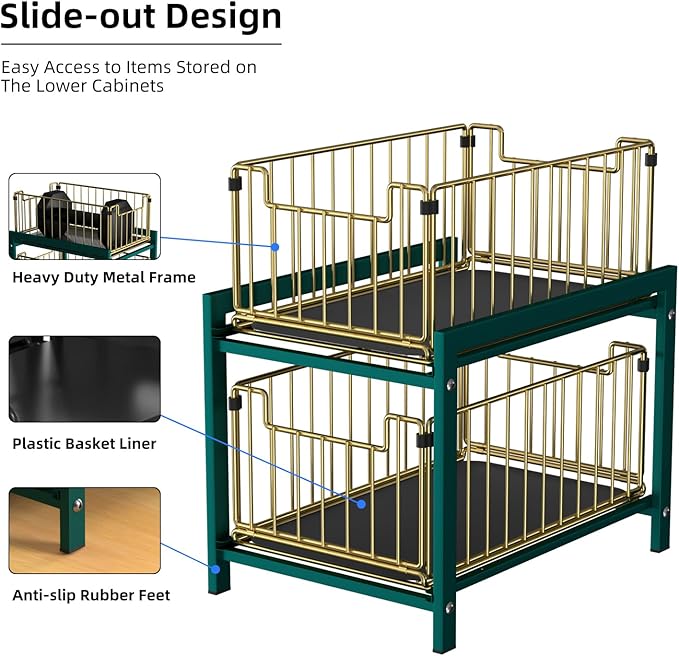 2 Tier Sliding Basket Drawer Organizer, Lxmons Pull Out Under Sink Cabinets Organizers, Metal Home Shelf for Bathroom or Kitchen, Sliding Countertop or Pantry Storage Shelf, Large Gold Green-NeatNest