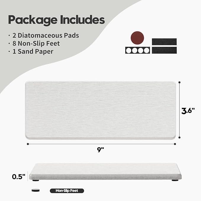 2PCS Bathroom Sink Vanity Trays, Water Absorbing Diatomite Stone Quick Drying Mat for Kitchen Counter,Faucet Splash Guard Dish Rack Soap Dispenser Sponge Holder Caddy Organizer,Beige, 9"x3.5"-NeatNest