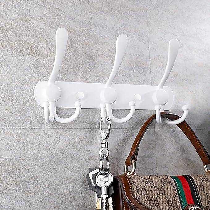 Coat Rack Wall Mounted,3 Tri Stainless Steel Coat Hook for Coat Hat Robes Towel in Mudroom Entryway (White, 2 Pack 3 Hook)-NeatNest