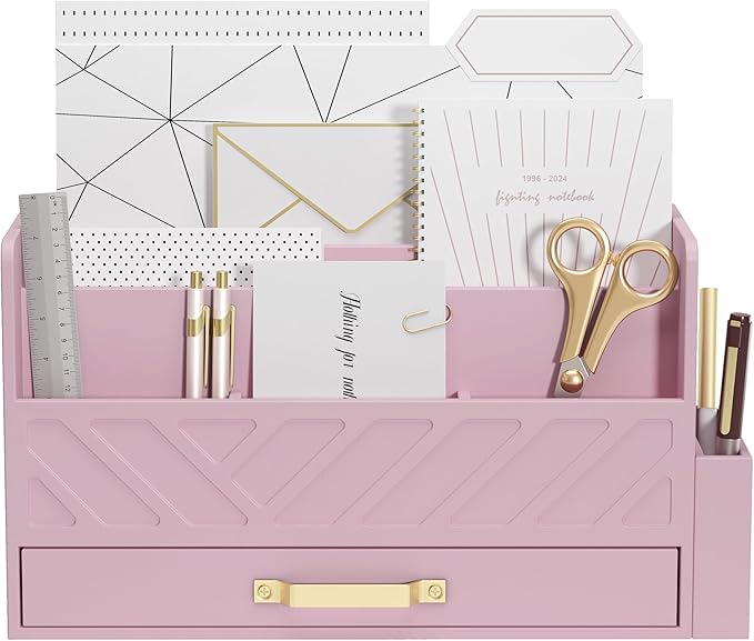 Bamboo Desk Organizer Mail Holder Countertop Wood Desk Drawer Tabletop Storage Box Pen Holder Letter Sorter Makeup Organizer for School Home Office Supplies with Pen Holder Pink-NeatNest