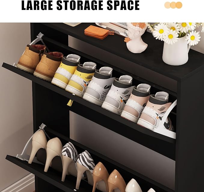 AVZEAR Narrow Shoe Cabinet with 2 Flip Drawer, Freestanding Shoe Organizer Shoe Cabinet Storage for Entryway, Slim Shoe Storage Shoe Rack for Closet with Linen Doors in Hallway, Living Room(Black)-NeatNest