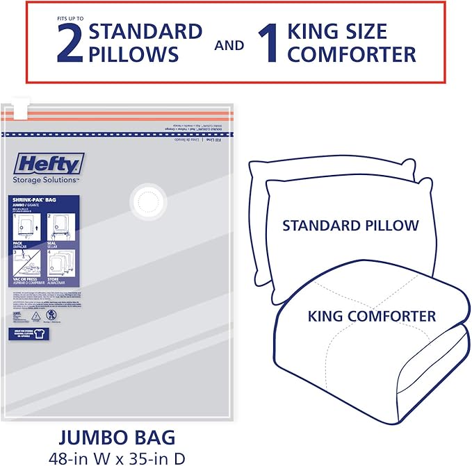Hefty Shrink-Pak Vacuum Storage Bags - Space Saver for Under Bed Storage, Clothing and Comforters, Odor Resistant, 3X More Storage Space - 3 Jumbo Bags-NeatNest