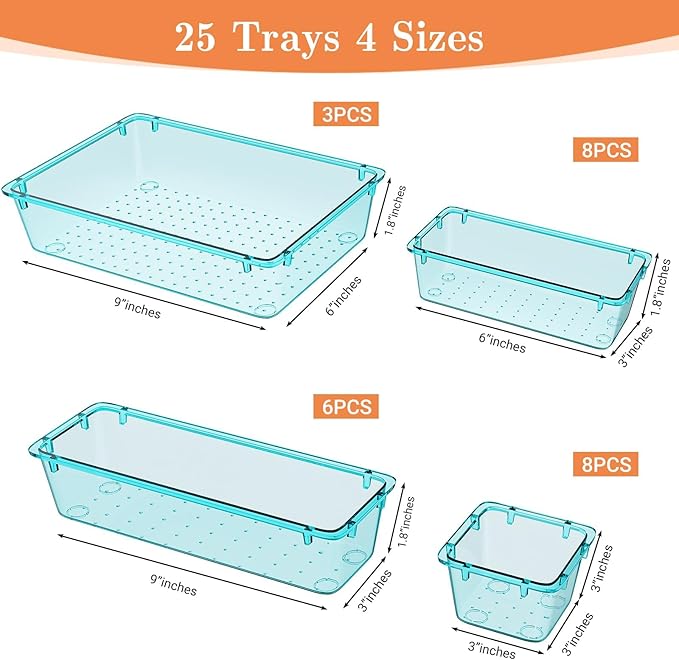 25 PCS Plastic Drawer Organizer Set, 4-Size Versatile Organizer Trays & storage Bins for Makeup, Jewelry, and Gadgets in Bathroom, Bedroom and Office, Sea Blue-NeatNest