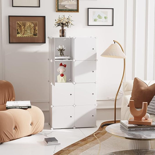 C&AHOME Cube Storage Organizer with Doors, 8-Cube Shelf, Closet Cabinet, DIY Plastic Modular Bookshelf, Storage Shelves Ideal for Bedroom,Living Room,24.8" L × 12.4" W × 48.4" H Milky UGSHS3008M-NeatNest