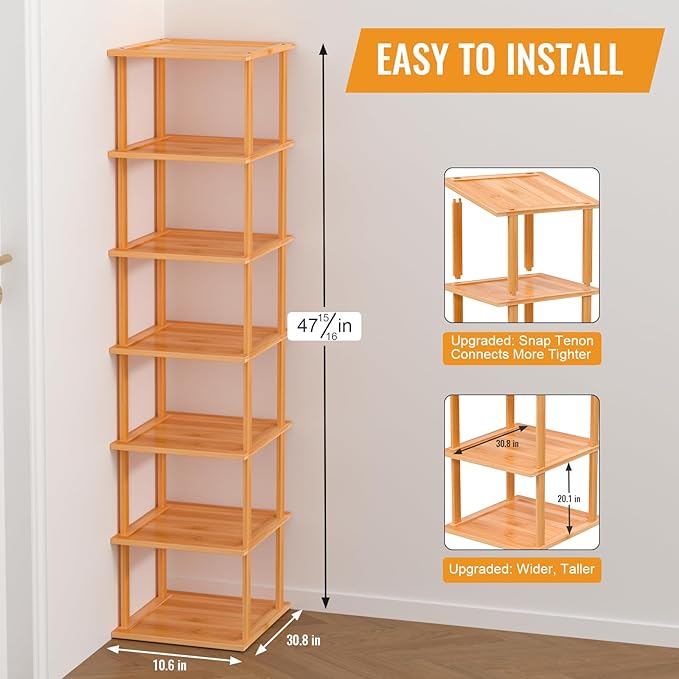Bamboo Free Standing Shoe Rack Shelf Multi Tier Tall Wooden Stackable Shoes Rack Organizer for Closet Front Door Entrance Narrow Vertical Shoe Storage Rack for Corner Stand (Bamboo, 7 Tiers)-NeatNest