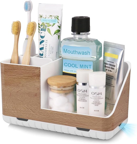 Toothbrush Holders for Bathrooms Countertop Organizer and Storage, Kids Electric Toothbrush and Toothpaste Holder, Bathroom Accessories Vanity Organizer (Wood Grain)-NeatNest