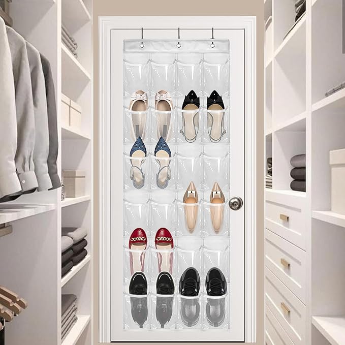 Over The Door Shoe Organizer - Space Saving Shoe Rack for Closet Door with 24 Pockets and Hook, Shoe Holder Back of Door Organizers for Shoes, Hanging Shoe Organizer(White)-NeatNest
