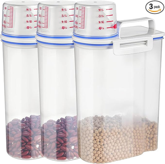 3 Pcs Rice Storage Containers (4 Lbs / 2 Kg Each) – Airtight BPA-Free ABS Plastic Dispenser with Measuring Cup & Pour Spout for Rice, Cereal, Pet Food, and More (Blue + Clear)
