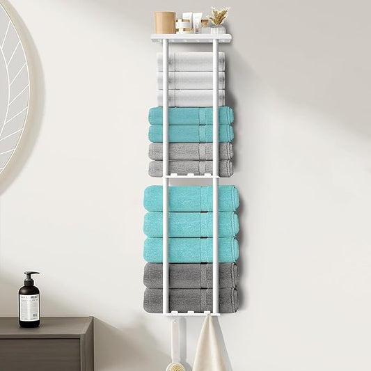 Towel Racks for Bathroom, 36.6 inch Metal Towel Storage, 8 Large Bath Towels Capacity, 3-Tier Towel Holder for Bathroom, with Shelf & 6 Hooks, Wall Mounted Towel Rack for Rolled Towels, White