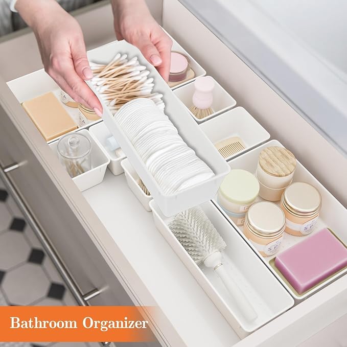 25 PCS Plastic Drawer Organizer Set, 4-Size Versatile Organizer Trays & storage Bins for Makeup, Jewelry, and Gadgets in Bathroom, Bedroom and Office, White-NeatNest