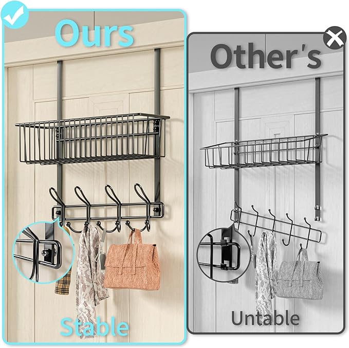 Over The Door Hooks Organizer,Door Hanger Door Storage with Basket,Over The Door Towel Rack Coat Hooks with 12 Hooks,for Bathroom,Bedroom,Kitchen,Office,Apartment(Black)