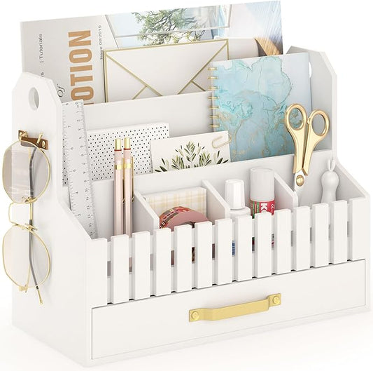 Bamboo Mail Organizer Countertop with Drawers, Wood Desk File Organizer Desktop Paper Organization Storage Bill & Letter Sorter Holder for School Home Office Supplies, No Assembly Required (White)-NeatNest