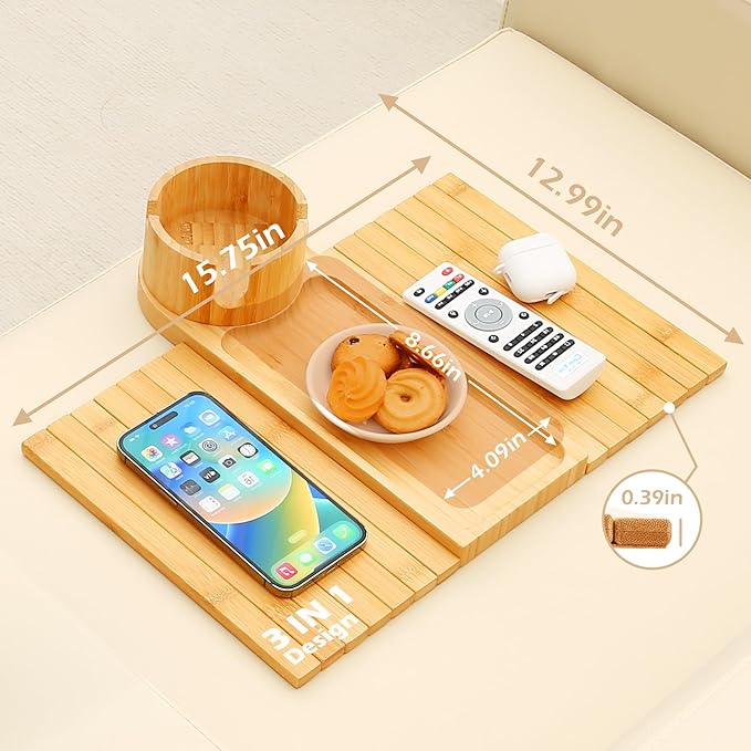 Couch Cup Holder Tray, 15.75" Bamboo Cup Holder for Couch, 3 in 1 Foldable Arm Chair Clip on Side Tray Table for Remote Snack Table on Armrest-NeatNest