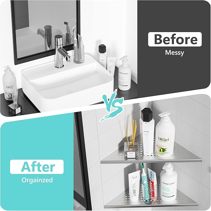 Corner Shower Shelves, 10” Recessed Tile Shower Shelf Brushed Nickel, 304 Stainless Steel Grout in Corner Tile Bathroom Shelves, No Drilling, 2 Pack-NeatNest