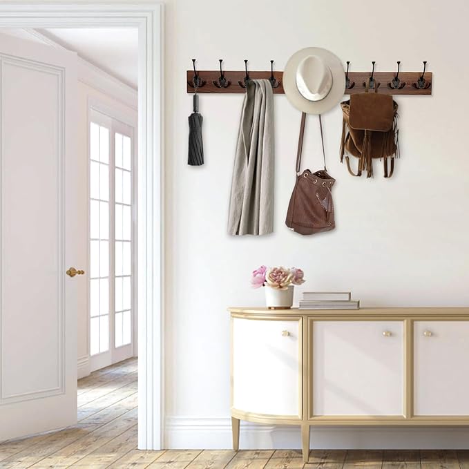 IBosins 34'' Coat Rack Wall Mount with 10 Decorative Tri-Hooks, Heavy Duty Wood Coat Hanger, Rustic Coat Hooks Rail for Entryway Living Room Coat Scarf Bag Towel Hat-NeatNest