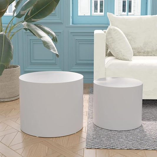 Nesting Coffee Table Set of 2, Round Side Tables Set, Wooden Accent Table, Modern End Tables, Minimalist Circle Table for Small Space Living Room Bedroom, White