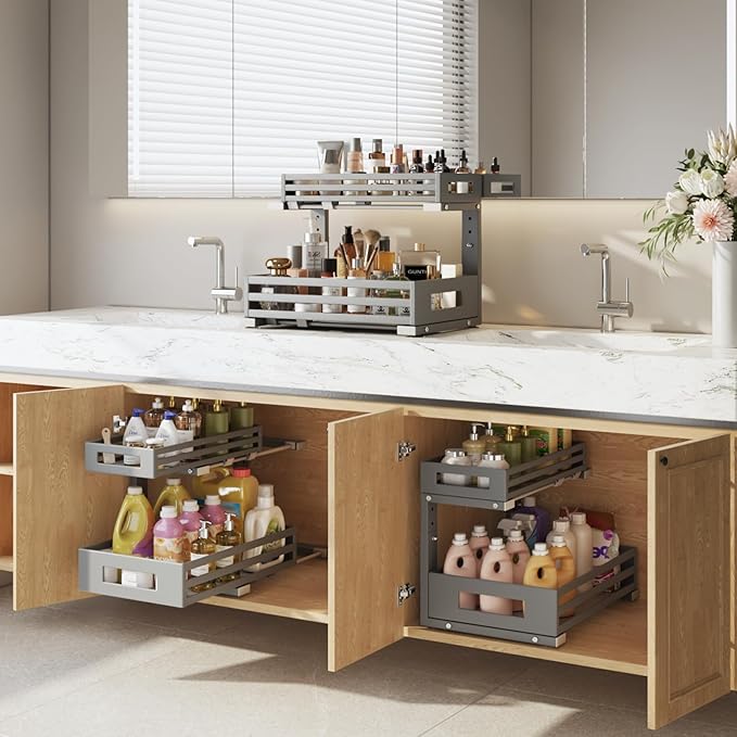 1-Pack Under Sink Organizers and Storage,2-Tier L Shape Pull Out Cabinet Organizer With Round Tube Slide Rails,Hight Adjustable Slide Out Drawers for Kitchen&Bathroom,Multi-Purpose Storage Shelf-Gray-NeatNest