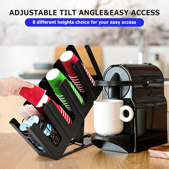 Coffee Cup and Lid Holder Organizer,Adjustable Dispenser with Coffee Pod and Straw Storage Basket, Disposable Cup Holder for Countertop-NeatNest