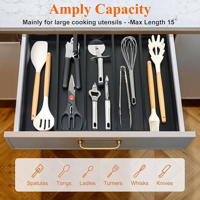 Expandable Large Kitchen Utensil Drawer Organizer Storage Black Bamboo Silverware Organizers Tray Divider Adjustable Spoon Flatware Organizer Wood Cutlery Tray Cooking Utensils Tool Holder Drawer-NeatNest