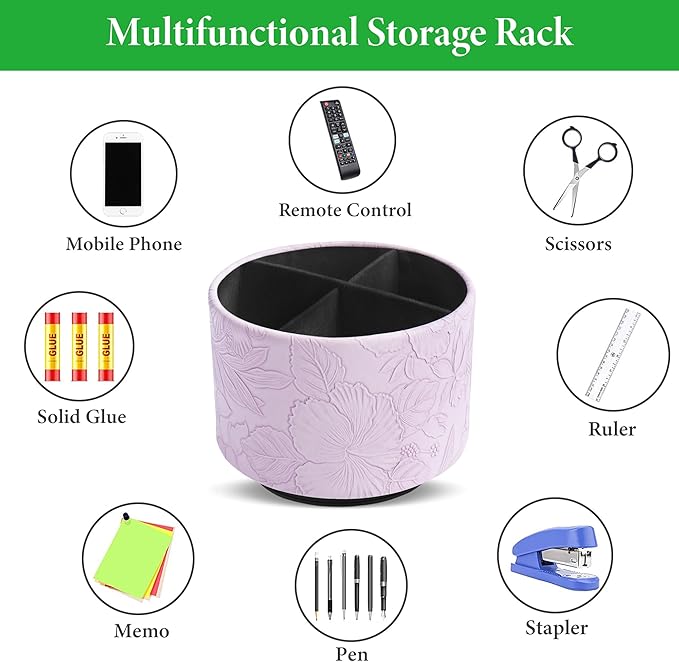Hennaja Round Leather Art Supply Organizer,Remote Control Holder,360 Degree Spinning,Multi-Functional Pencil Holder,4 Compartments Desktop Stationary Organizer(1-Carved Purple)-NeatNest
