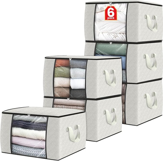 Fab totes 6 Pack Clothes Storage, Foldable Thick Fabric Blanket Storage Bags, Containers for Organizing Bedroom, Closet, Clothing, Comforter,Organization with Handle,Ivory White-NeatNest