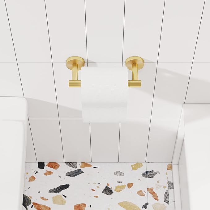 Gold Toilet Paper Holder SUS304 Stainless Steel Double Post Pivoting Toilet Paper Roll Holder Wall Mounted Toilet Tissue Holder for Commercial Bathroom RV Brushed Brass Finish