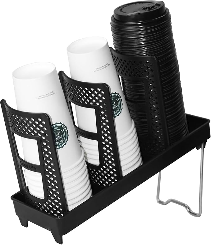 Coffee Cup Holder,Cup and Lid Dispenser with Stand,Disposable Cups Organizer,3 Slots,for Coffee Station,Bar,Office,Home,Restaurant,Breakroom,Countertop-NeatNest