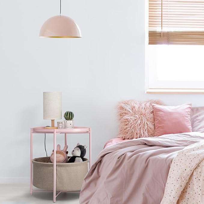danpinera Round Side Table with Fabric Storage Basket, Metal Side Table Small Bedside Nightstand with Removable Tray Top for Living Room, Bedroom, Nursery, Laundry, Light Pink-NeatNest