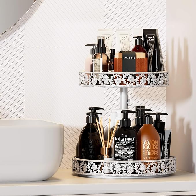 2 Tier Lazy Susan Organizer Turntable Adjustable,12 Inch Two Tier Lazy Susan Metal Easy Assembly Cleaning, Rotating Spice Rack Organizer for Cabinet Dining Table Kitchen Countertop White-NeatNest