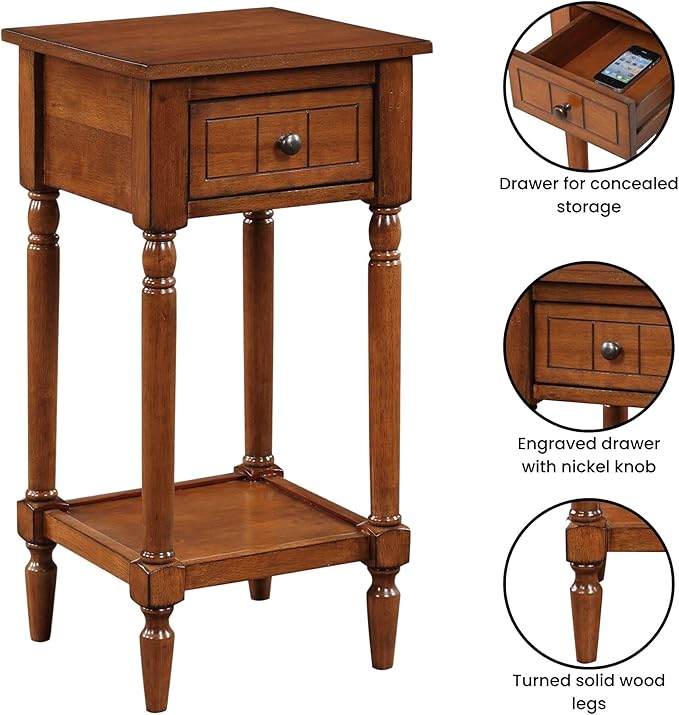 Convenience Concepts French Country Khloe 1 Drawer Accent End Table 14" - Traditional Farmhouse Side Table with Storage Drawer and Shelf for Living Room, Walnut-NeatNest