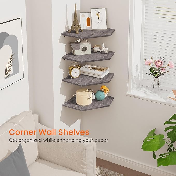 Homode Corner Shelf Wall Mount, Set of 4 Corner Floating Shelves with Cord Hole, Wall Shelf Organizer, Wood Hanging Storage Shelving for Bathroom Bedroom Kitchen, Rustic Grey-NeatNest