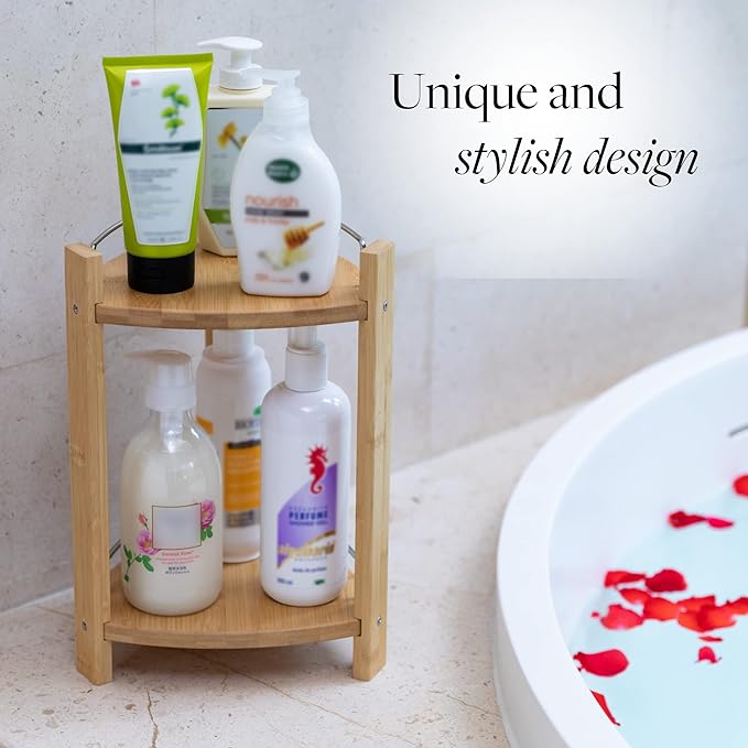 GOBAM Bamboo Shower Corner Caddy, Medium - 2 Tier Standing Shower Stand for Shampoo, Conditioner, Lotion, Soap - Caddy Organizer for Kitchen, Bedroom, or Office