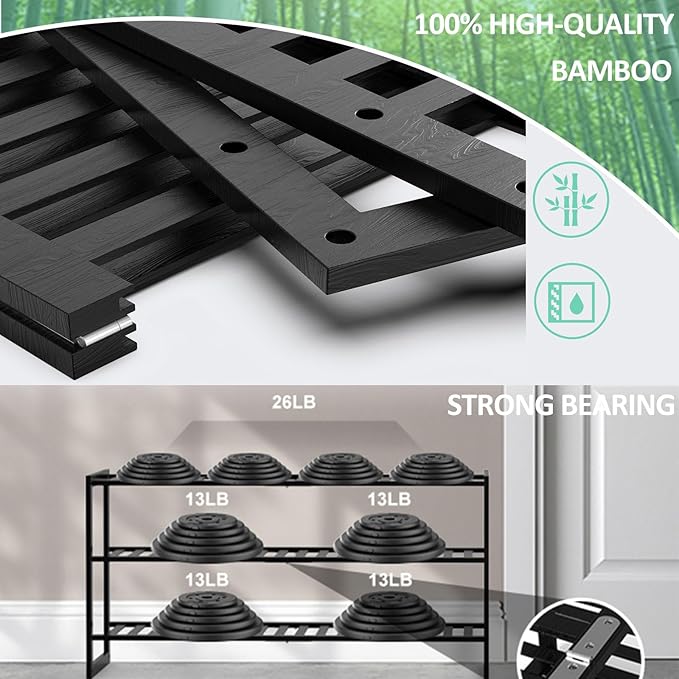 Bamboo Shoe Rack for Entryway, Stackable 3 Tier Shoe Organizer Shelf Storage 9-12 Pairs Shoes Stand Cubby for Closet Door Hallway Bedroom Garage Black, Thanksgiving-NeatNest