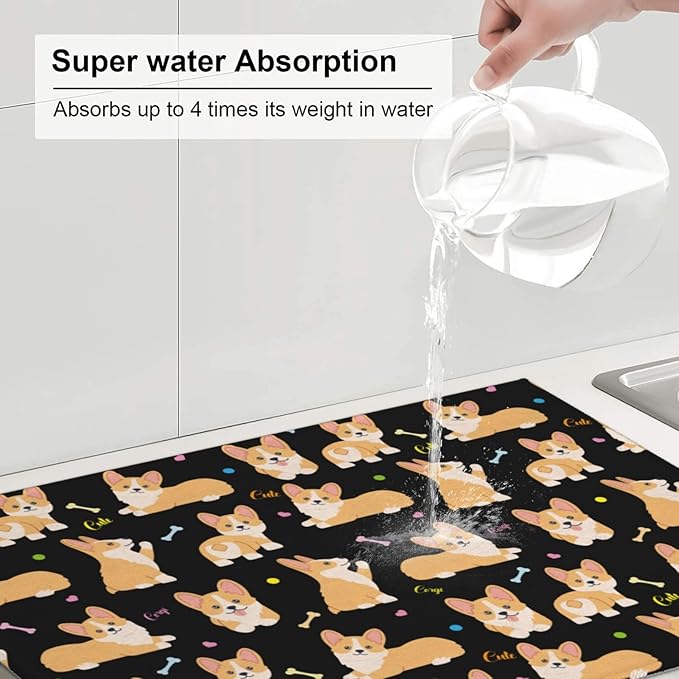 Cute Corgi Dish Drying Mat 18 x 24 Inch for Kitchen Counter Cute Kitchen Mat Microfiber Kitchen Countertop Absorbent Reversible Drainer Rack Pad Dish Drying Mat-NeatNest