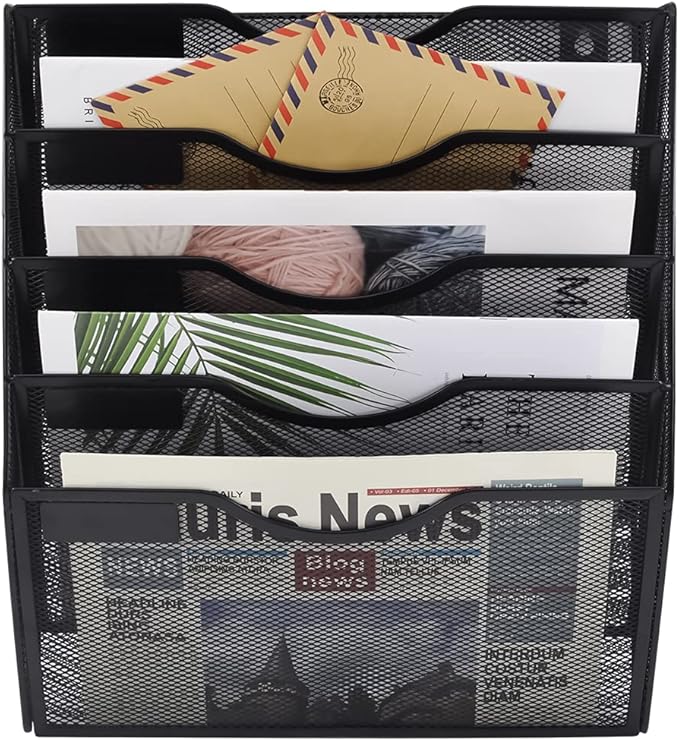COSYAWN Wall File Holder 5 Pocket Mesh Hanging Wall Organizer Vertical Hanging File Folder Holder Magazine Rack with Nametag Label for Mail Paper Organization,Black-NeatNest