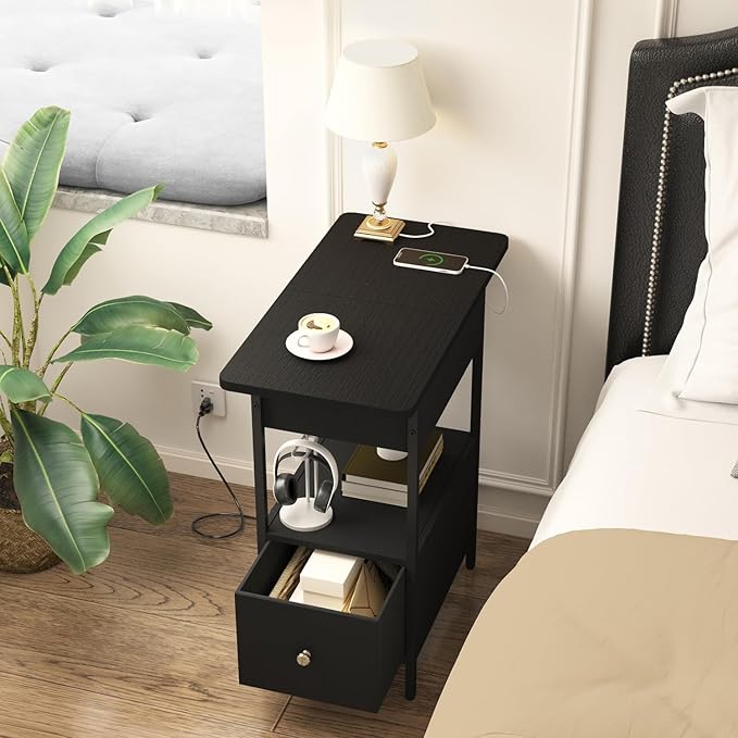SOOWERY End Table with Charging Station, Narrow Side Table with Flip Top Cabinet and Fabric Drawer, Nightstand Bedside Tables for Small Spaces, Bedroom, Living Room, Black