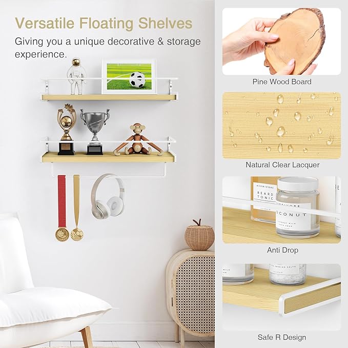Forbena Floating Shelves for Wall with Rail, White and Natural Wood Nursery Book Shelves for Baby Girls Boys Kids Room Bedroom, Hanging Bookshelves Wall Mounted for Books, Toys, Bathroom (Set of 2)-NeatNest