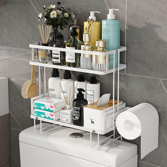 Godboat Bathroom Organizer - Over The Toilet Storage Cabinet, 2-Tier Floating Shelves, Wall Shelf with 2 Hooks & Paper Rack, Cool Accessories & Decor, Gifts for Women, Mothers Day (White)-NeatNest