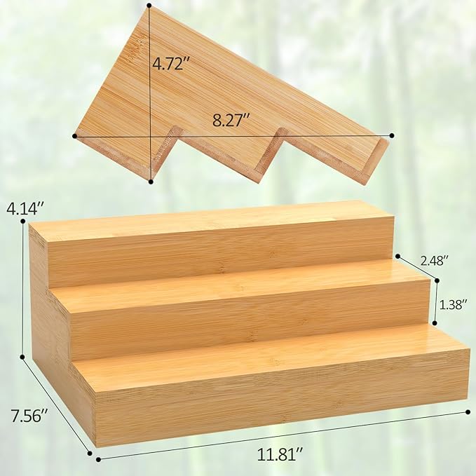 2 Pack Bamboo Spice Rack Organizer for Countertop, 3 Tier Spice Step Shelf for Cabinet (Jars Not Included)