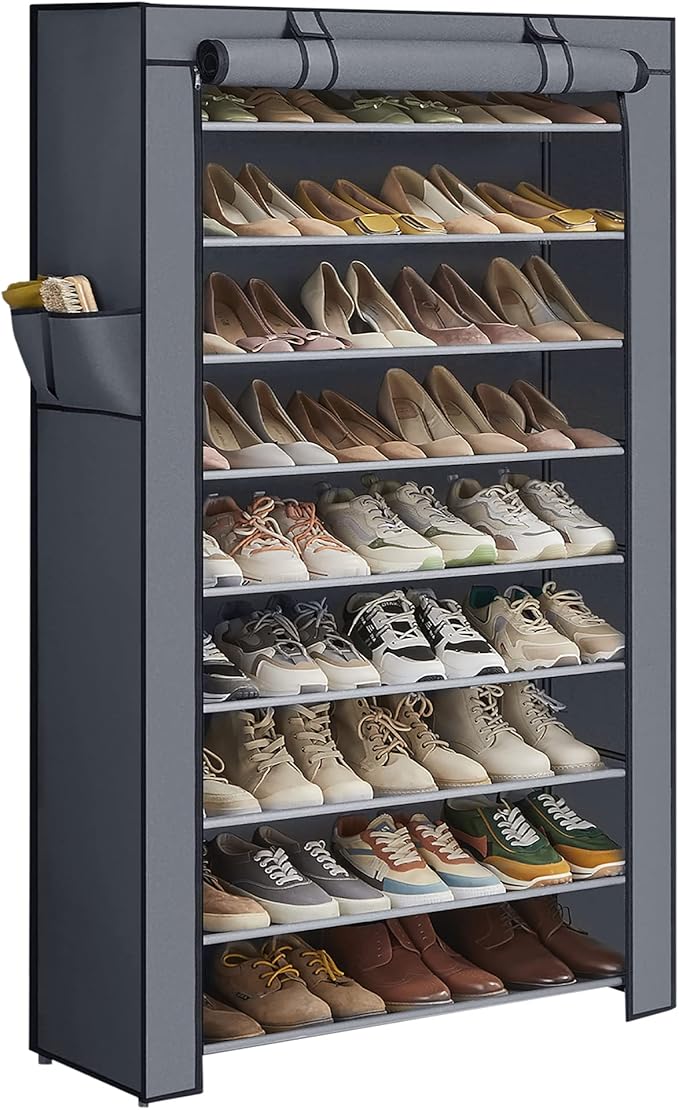 SONGMICS Shoe Rack with Non-Woven Fabric Cover, 9 Tier Storage Shelf for 40-50 Pairs of Shoes, Entryway, Suitable for Sneakers, High Heels, Flats, and Boots, Grey RXJ36G01-NeatNest