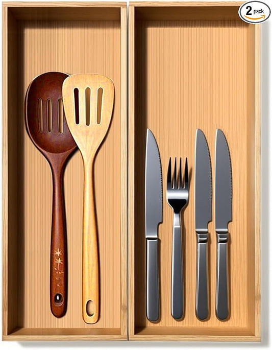 Bamboo Drawer Silverware Organizer, Silverware Tray, Flatware Organizer, Bamboo Storage Box Suitable for Office, Bathroom and other objects storage (14.2"x5"x2"-Set of 2)-NeatNest