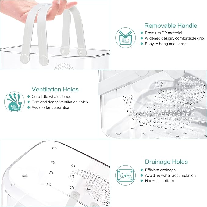 2 Pack Plastic Shower Caddy Basket, Portable Shower Caddy Tote Storage Basket with Handles, Clear Cleaning Supplies Organizer Bin for Bathroom Kitchen College Dorm (White+Cyan)