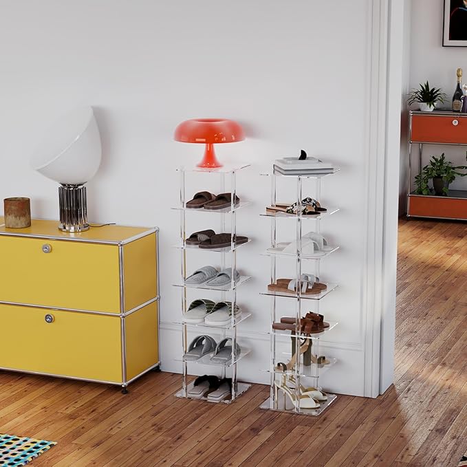 Aquiver Acrylic Vertical Shoe Rack - Free Standing Shoe Rack 7 Tier Shoe Storage Organizer Narrow Shoe Rack for Small Spaces, Entryways, Living Rooms, Bedrooms, 11'' L x 11'' W x 41.7'' H-NeatNest